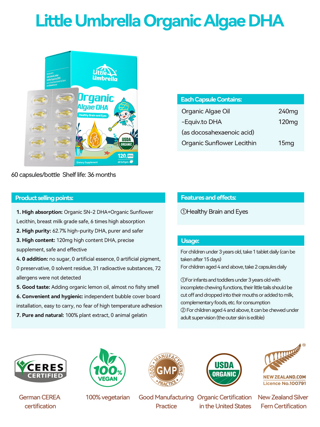 Little Umbrella Organic Algae DHA for kids 15 Days to 6Years for healthy brain 60 softgels