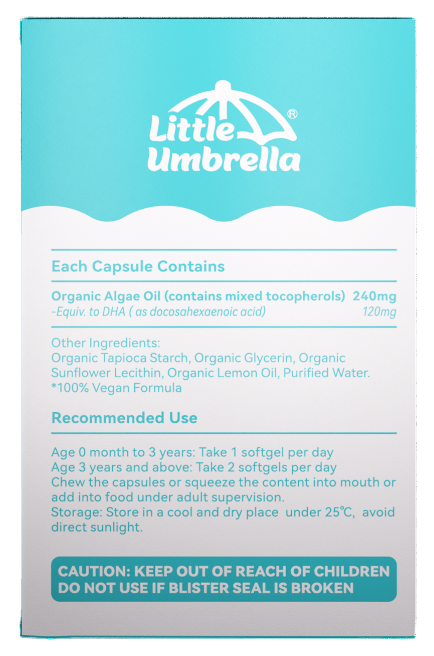 Little Umbrella Organic Algae DHA — back view of packaging with label details