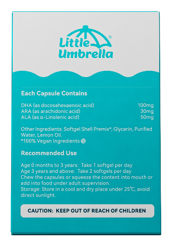 Little Umbrella Algae DHA — back view of packaging with label details