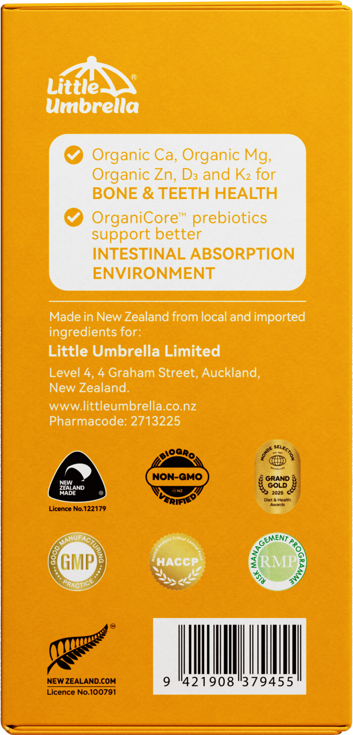Little Umbrella Liquid Calcium Organic Prebiotic Version — right side view of packaging