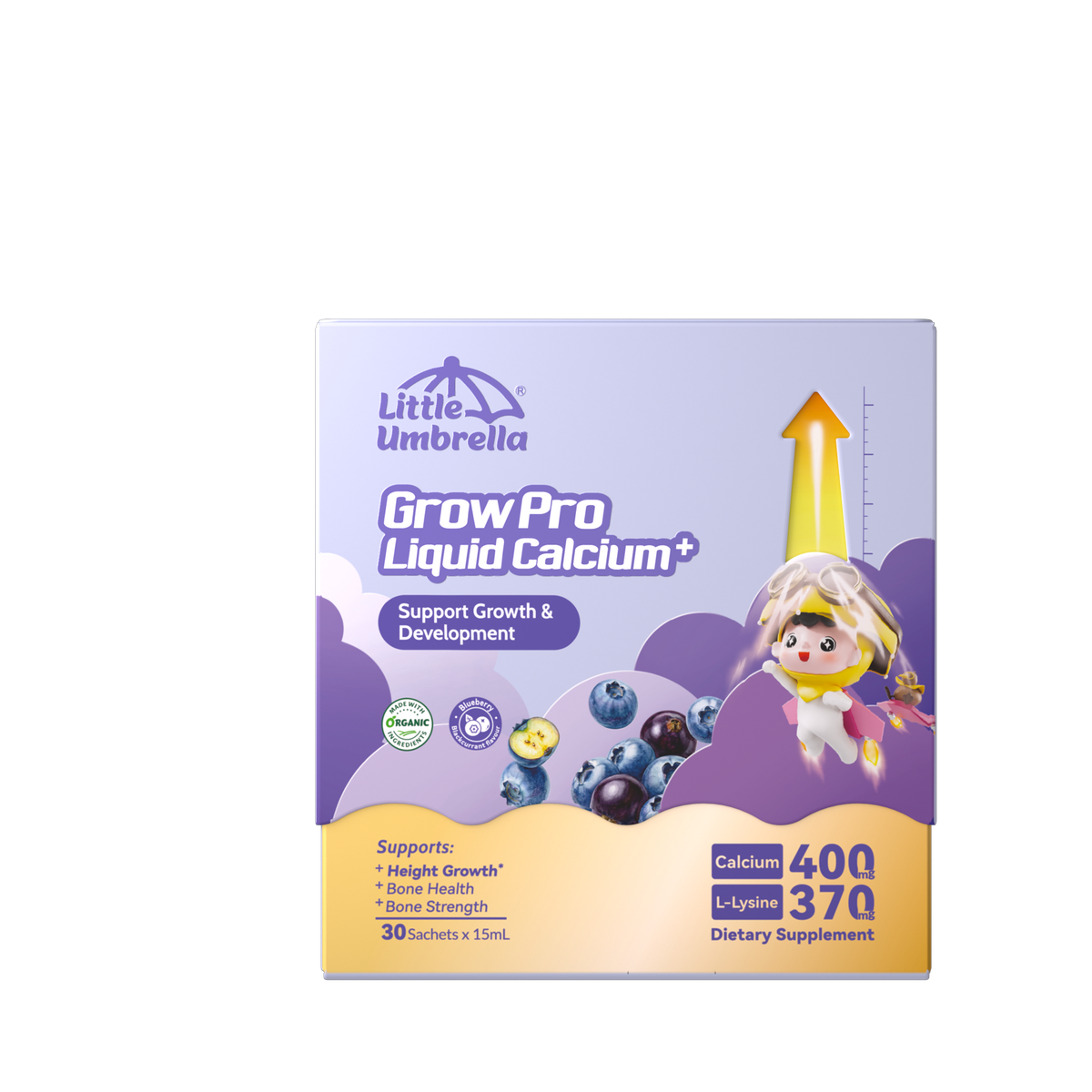 Little Umbrella GrowPro Liquid Calcium — New Blackcurrant & Blueberry — front view of packaging