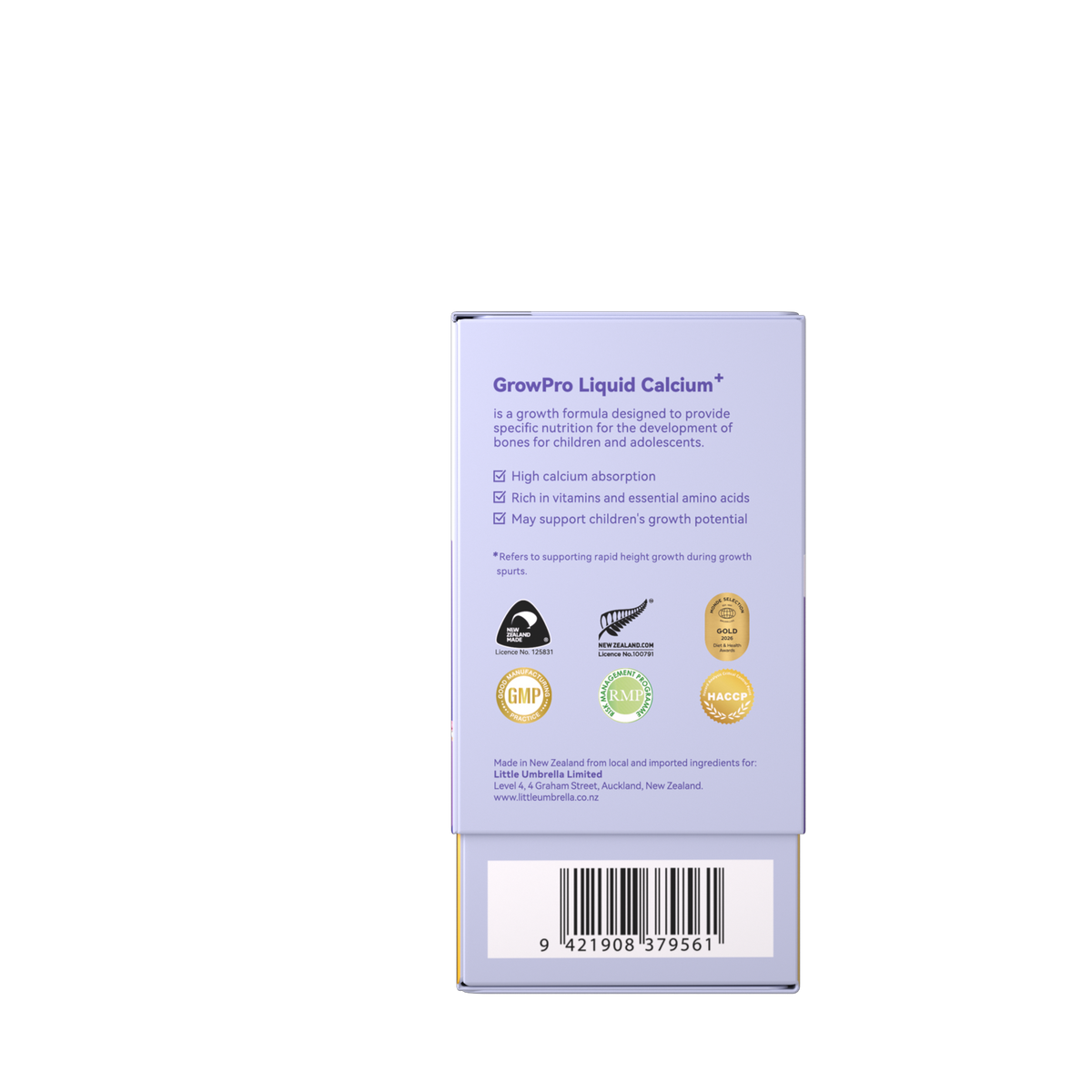 Little Umbrella GrowPro Liquid Calcium — New Blackcurrant & Blueberry — right side view of packaging